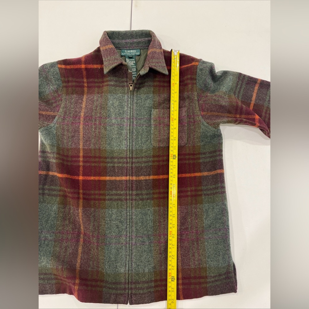 Vintage Lauren Ralph Lauren Petite Tweed Tartan Lamb Wool Leather Elbow Womens M - Picture 10 of 14